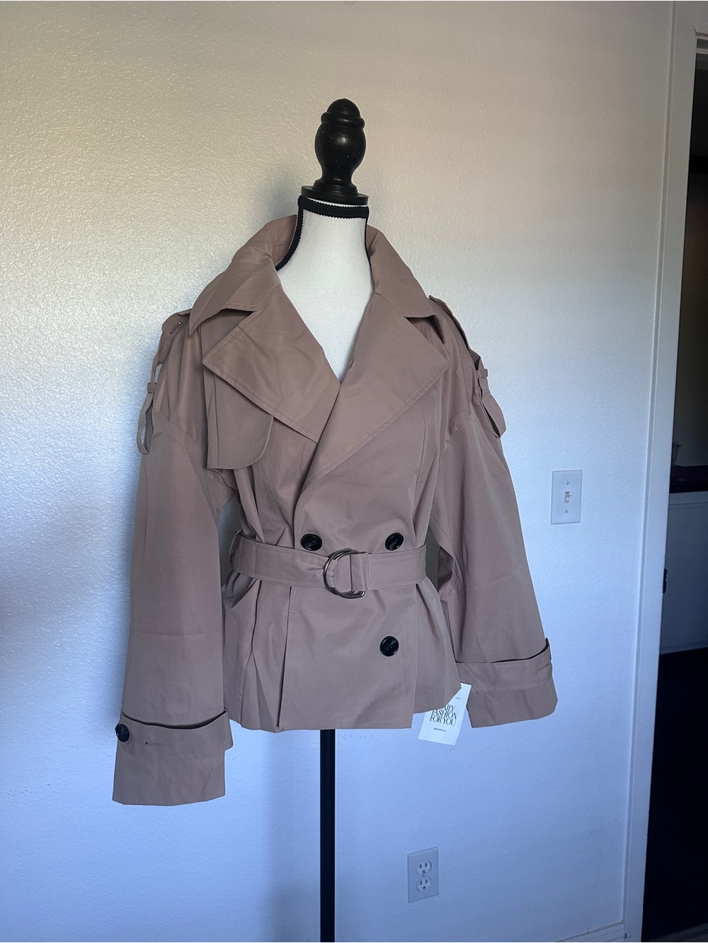 Womens Cropped Trench Coat Casual Double Breasted Short Jacket NWT - Picture 3 of 7